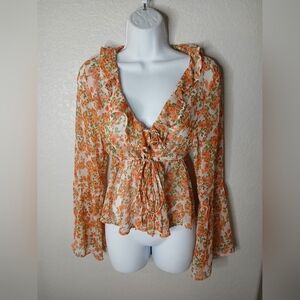 Dizzy Lizzy Sheer Floral Long Sleeve Ruffle Blouse Size Medium